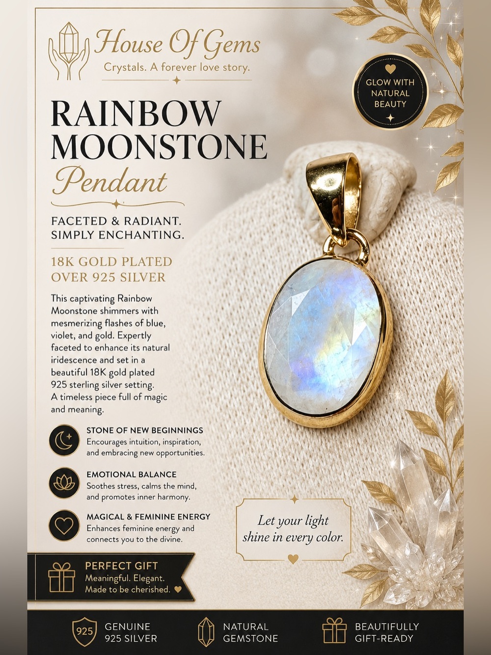Rainbow Moonstone Faceted 18K Gold Plated 925 Sterling Silver Oval Pendant |